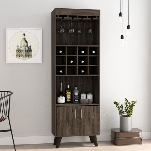 Dark Walnut Finish & 2 Shelves / Double-Door Bar Cabinet for Dining Areas