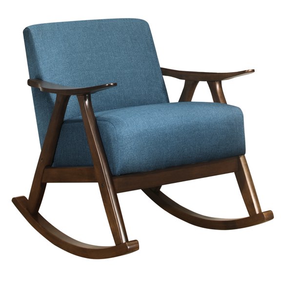 Dark Walnut Finish Wood - Comfortable Rocking - Main Living Space - Blue Upholstered Chair