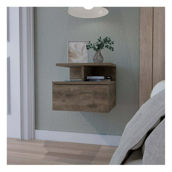 Dark Walnut Floating Nightstand with 2 Shelves - Wall Mounted Bedside Table - Space Saving Bedroom Storage - Modern Minimalist Design Walnut + 1 Drawer + Bedroom + Floating + Shelf + Walnut + Wood