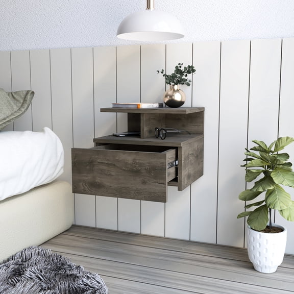 Dark Walnut Floating Nightstand , Functional Shelf, Bathroom Walnut, One Drawer