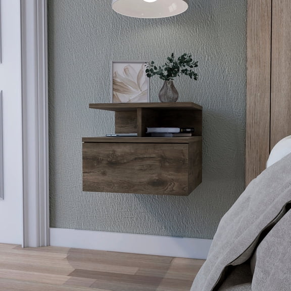 Dark Walnut Floating Shelf Nightstand / Spacious Storage for Bedroom