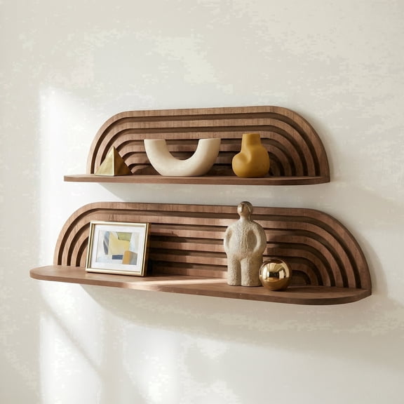 Dark Walnut Floating Wall Shelf Set of 2, Wall Mounted Rustic Farmhouse Solid Wood Shelves - Modern for Bedroom, Bathroom, Living Room, Kitchen Decor & Storage