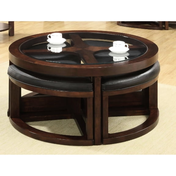 Dark Walnut Glass Insert Table Set / For Comfortable Living Rooms / Comes with Ottoman Seating