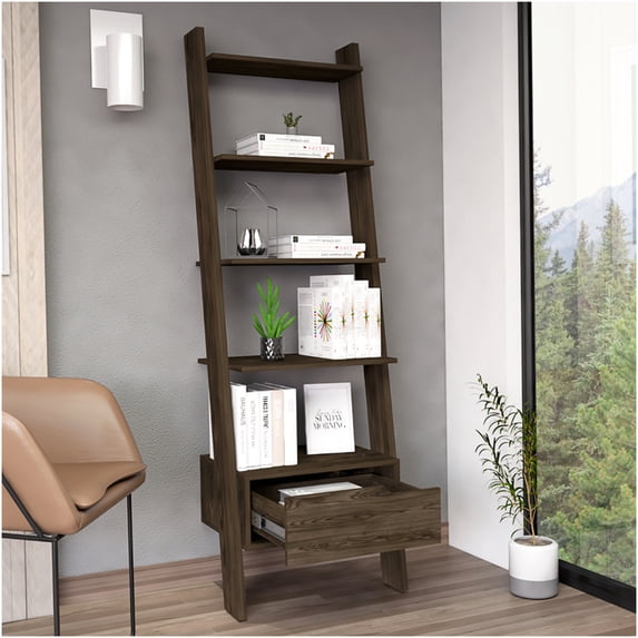 Dark Walnut Ladder Bookcase with Drawer, 5-Tier Open Shelf Book Shelf, Space Saving Storage Organizer