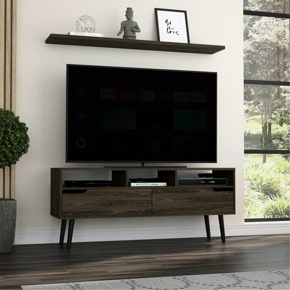 Dark Walnut Media Equipment Stand, Supports Tvs Up To 51", 2 Drawers, 4 Legs, 3 Open Shelves Television , Up 51" Tvs, For Accessories