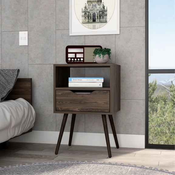 Dark Walnut Nightstand | One Drawer & Open Shelf | Bedroom Use