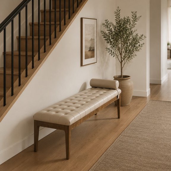 Dark Walnut Rubberwood End Bench with Faux Leather Seat