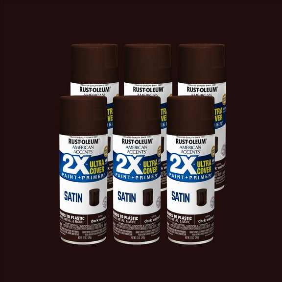6 Pack, Dark Walnut Rust-Oleum American Accents 2X Ultra Cover Satin Spray Paint-327941, 12 oz