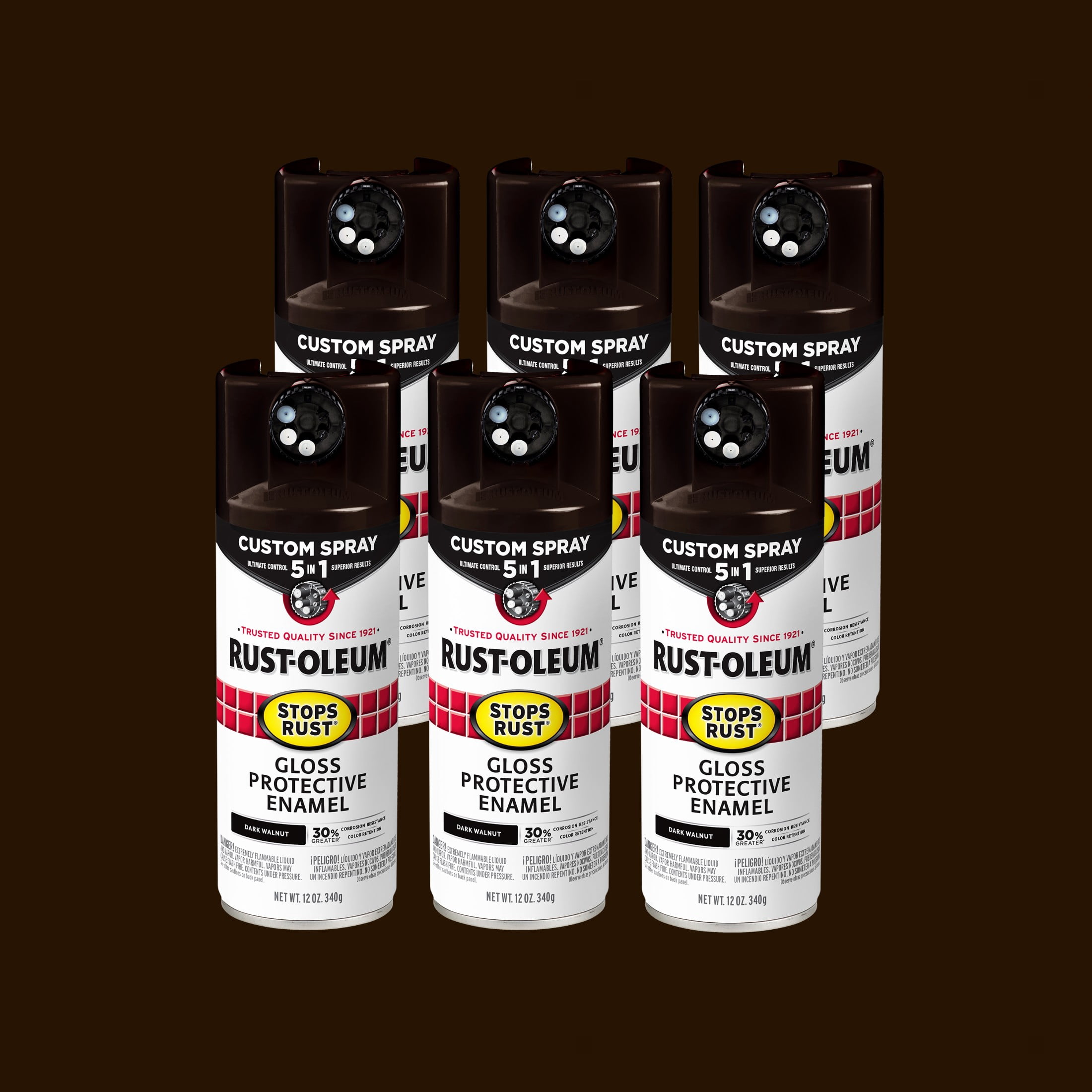 6 Pack, Dark Walnut, Rust-Oleum Stops Rust Custom Spray 5 in 1