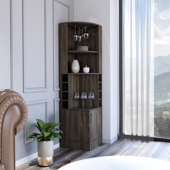 Dark Walnut Space - Saving Corner Bar | 8 Cubbies and 2 Shelves for Bar Storage