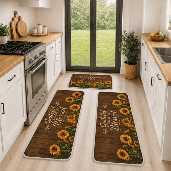 Dark Walnut Sunflower Kitchen Runner Rug Three Piece Non Slip Cushioned Comfort Floor Mats Welcome Grateful Thankful Blessed Country Rustic Washable Indoor Standing Carpet Tapete 20" x 31"
