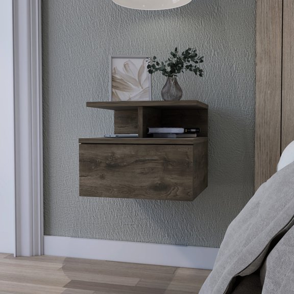 Dark Walnut Tone - Wall-mounted Storage Solution - Bedroom Space - Trendy Floating Nightstand