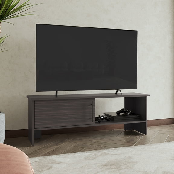 Dark Walnut Tv Stand, 47". One Door Cabinet & Open Shelf. Suits 54" Tvs. . Managed Cables. Uncomplicated Installation 47" Stand In Walnut. And For Construction. Cable Managed. Simple Assembly Method