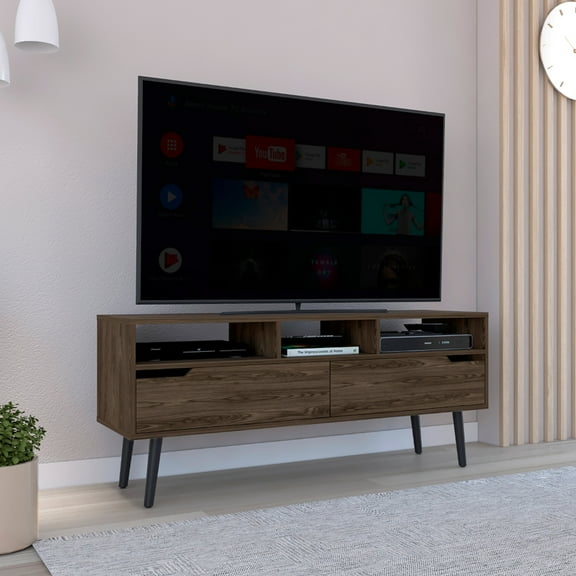 Dark Walnut Tv Stand For Tvs Up To 59 Inches, 3 Open Shelves & 2 Inner Drawer Choices In Walnut, Shelves, Drawers, 52" And Under Tvs, 50 - 59" Max Screen Capacity