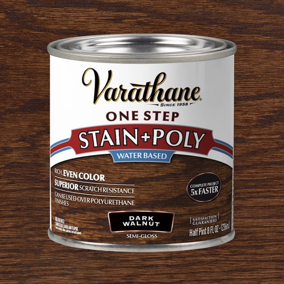 Dark Walnut, Varathane One Step Interior Wood Stain + Polyurethane, Semi-Gloss -384360, Half Pint
