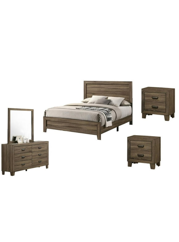 Dark Walnut Wood 5pc Bedroom Set with Bed+ Dresser+ Mirror+ 2 Nightstands