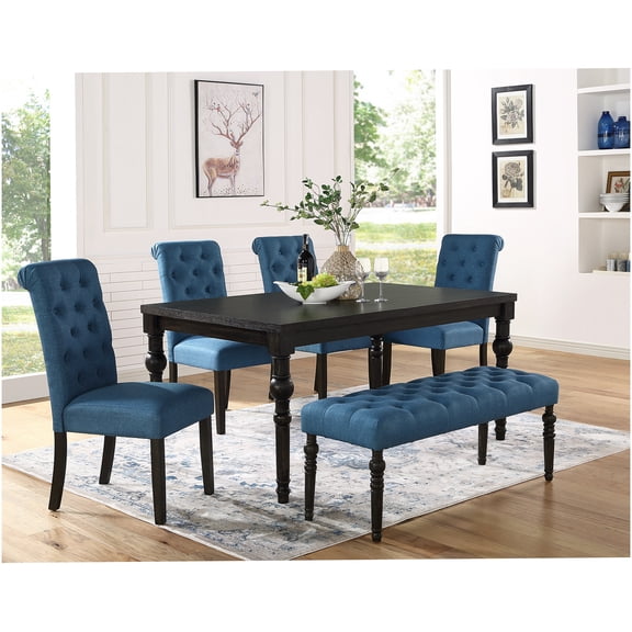 Dark Wash Complete Dining Set with Table, 4 Upholstered Chairs and Bench for Kitchen Dining Room