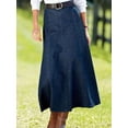 thumbnail image 1 of Dark Wash Denim A-Line Skirt Mid-Length Flared Hem Casual Style, 1 of 6