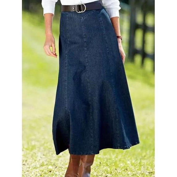 Dark Wash Denim A-Line Skirt Mid-Length Flared Hem Casual Style