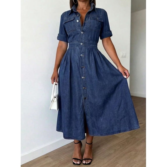 Dark Wash Dress With Collar And Front Buttons