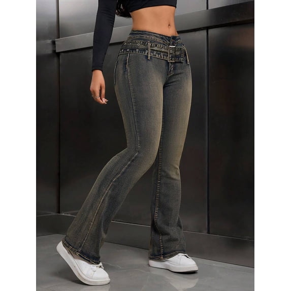 Dark Wash Low Rise Belted Flare Leg Jeans With Decorative Buckle Waistband