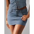 thumbnail image 1 of Dark Wash Railroad Stripe Denim Mini Skirt Button Front High Waisted Fitted, 1 of 6