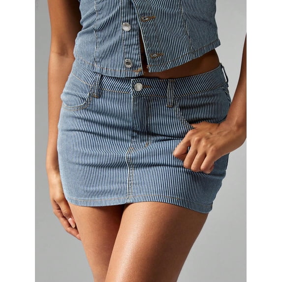 Dark Wash Railroad Stripe Denim Mini Skirt Button Front High Waisted Fitted