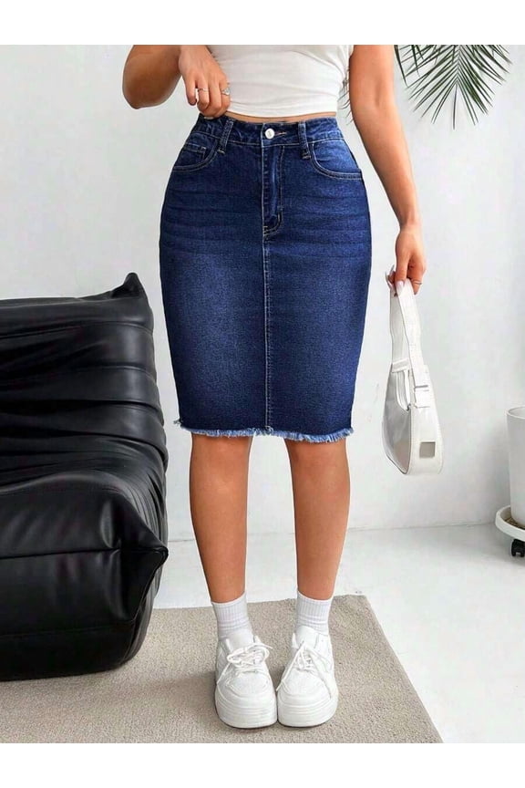 Dark Wash Slim Fit Denim Skirt With Button Front, Belt Loops, Pockets And Raw Hem