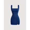 thumbnail image 1 of Dark Wash Square Neck Denim Bodycon Mini Dress, 1 of 16