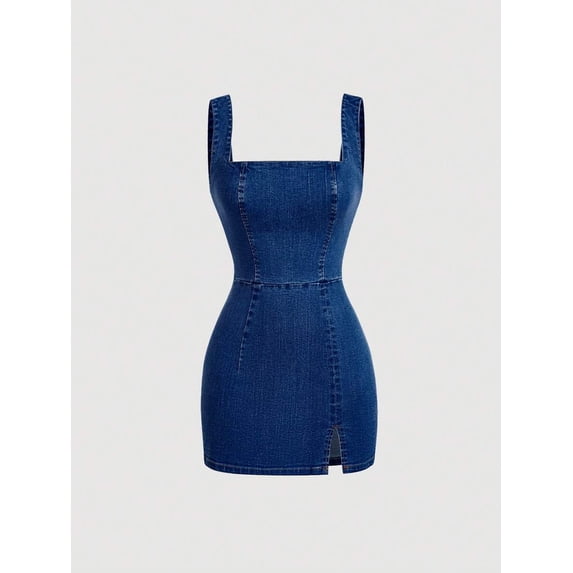 Dark Wash Square Neck Denim Bodycon Mini Dress