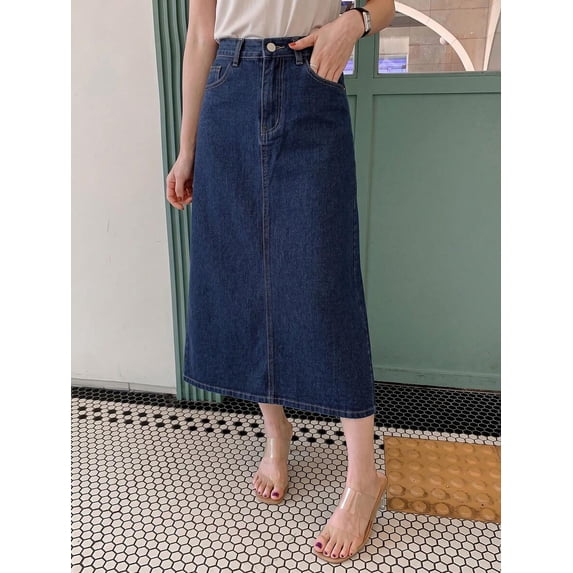 Dark Wash Straight Midi Denim Skirt With Side Slit Pocket Casual