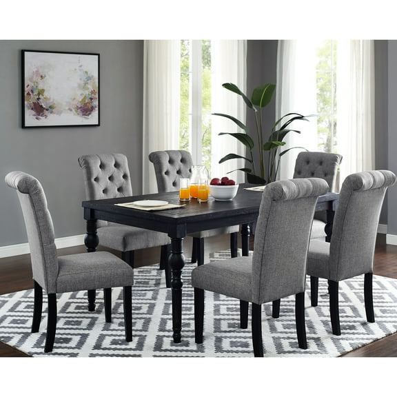 Dark Wash Wood Dining Array By Urban Style - Rectangular Table And 6 Chairs, Solid Hardwood, Seats People With Black Finish Touch
