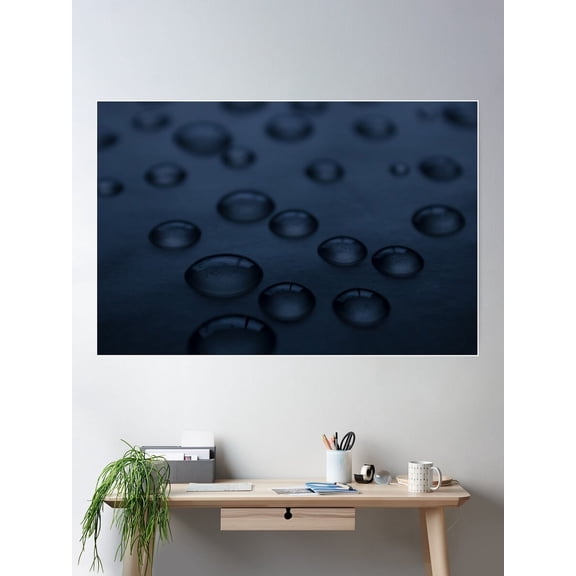 Dark Water Drops On Surface, Black And Blue Photograph Poster Wall Art, Modern Wall Decor For Living Room Bedroom, 8x12 UNFRAMED