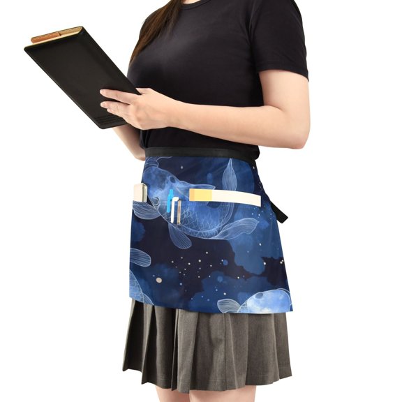 Dark Watercolor Fish Server Apron with 3 Pockets Waist Apron for Waiter Waitress