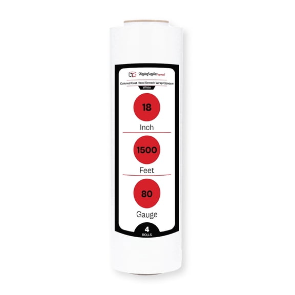 SSBM White Opaque Cast Hand Stretch Wrap 18" x 1500' 4 Rolls 80 Gauge Plastic Self Adhesive Shrink Film for Packing