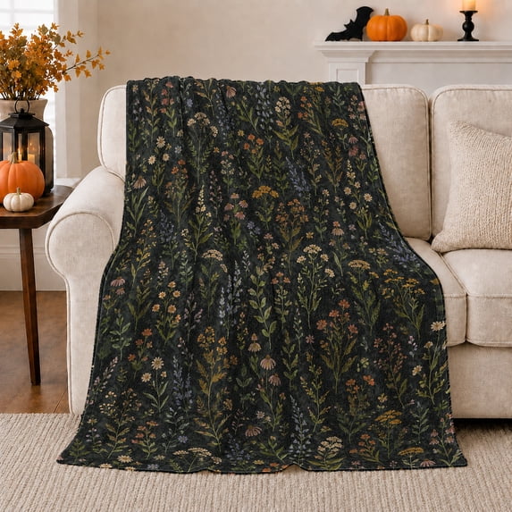 Dark Wildflower Stems with Daisies, Lavender and Rust Blooms, Cozy Flannel Blanket, Home Decor for Botanical Fans, Bedroom and Reading Nook, Birthday Gift, Vintage Floral Art