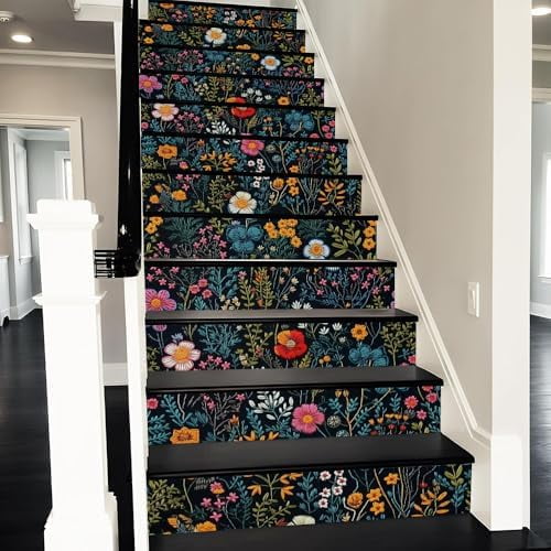 Vintage Dark Black Pink Red Yellow Wildflower Peel and Stick Vinyl Stair Riser Decals Staircase Tile Stickers Decor Modern Marble Decoration Self-Adhesive(14 Pcs)$$Tools