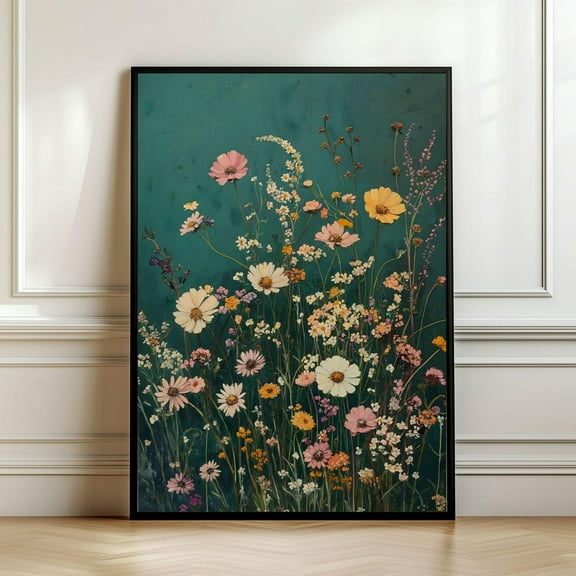 Dark Wildflowers Print, Botanical Landscape , Emerald Green Art, Wildflower Field Printable Modern Farmhouse Floral Wall Decor, Size 8x12 UNFFRAMED F03.1.5l1767