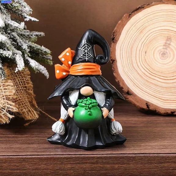Dark Witch Figurine with Potion Bottle, Cute Sorceress Tabletop Decor, Halloween Desk Ornament, Resin Witch Statue with Cauldron, Gothic Home Accent for Shelf