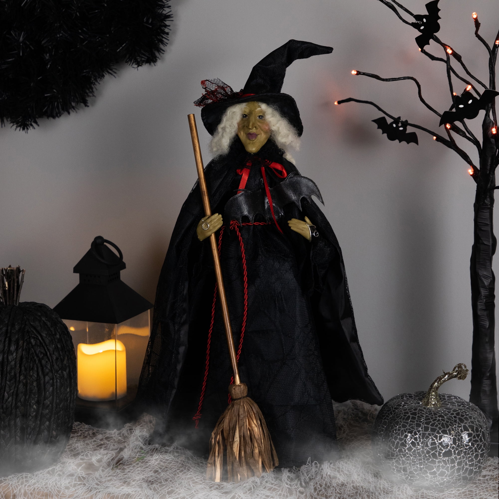 Dark Witch with Bat and Broom Halloween Figure - 18"