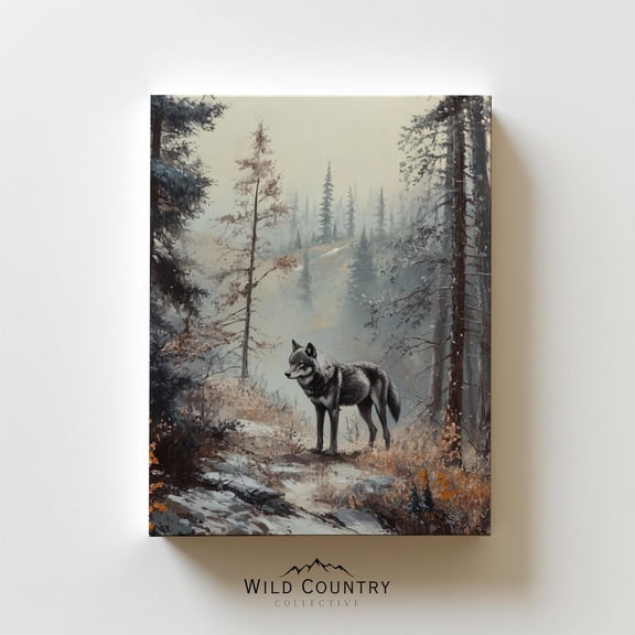 Dark Wolf Forest Wall Art Print, Moody Pine Wildlife Vintage Rustic Farmhouse Decor