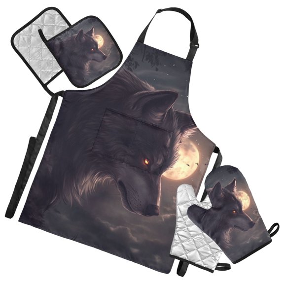 Dark Wolf Night Art Oven Mitts and Pot Holders with Chef Apron Set 5 Pcs Kitchen Cooking Set