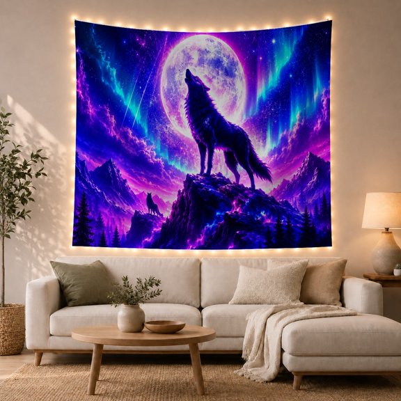 Dark Wolf on a Violet Peak Beneath a Giant Moon, Dramatic Fantasy for Wildlife Fans, Lunar Mountain Art, Halloween Gift, Tapestry Wall Hanging for Bedroom and Dorm