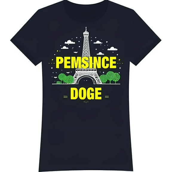 Dark Women's T-Shirt with Graphic Stars & Trees 'PEMSINCE' & '=DOGE=' Design