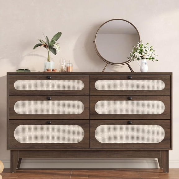 Dark Wood 6-Drawer Rattan Dresser with USB & AC Ports, Metal Handles, Wood Storage Cabinet for Bedroom, Hallway, Living Room