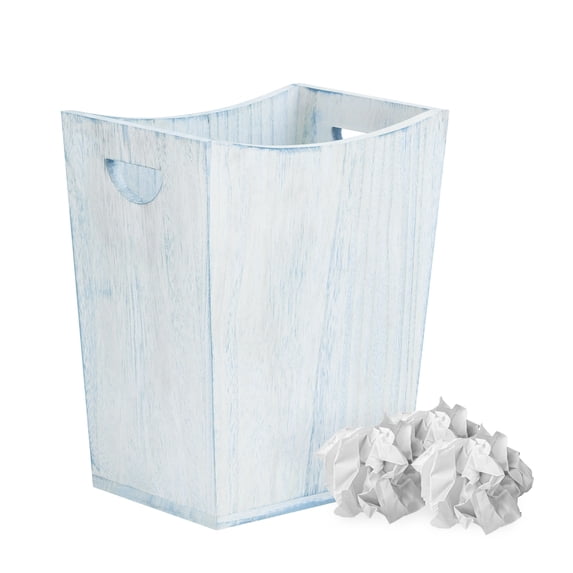 White Wood Farmhouse Waste Basket with Antique Metal Handle, Rustic Trash Can for Bathroom, Bedroom, and Office