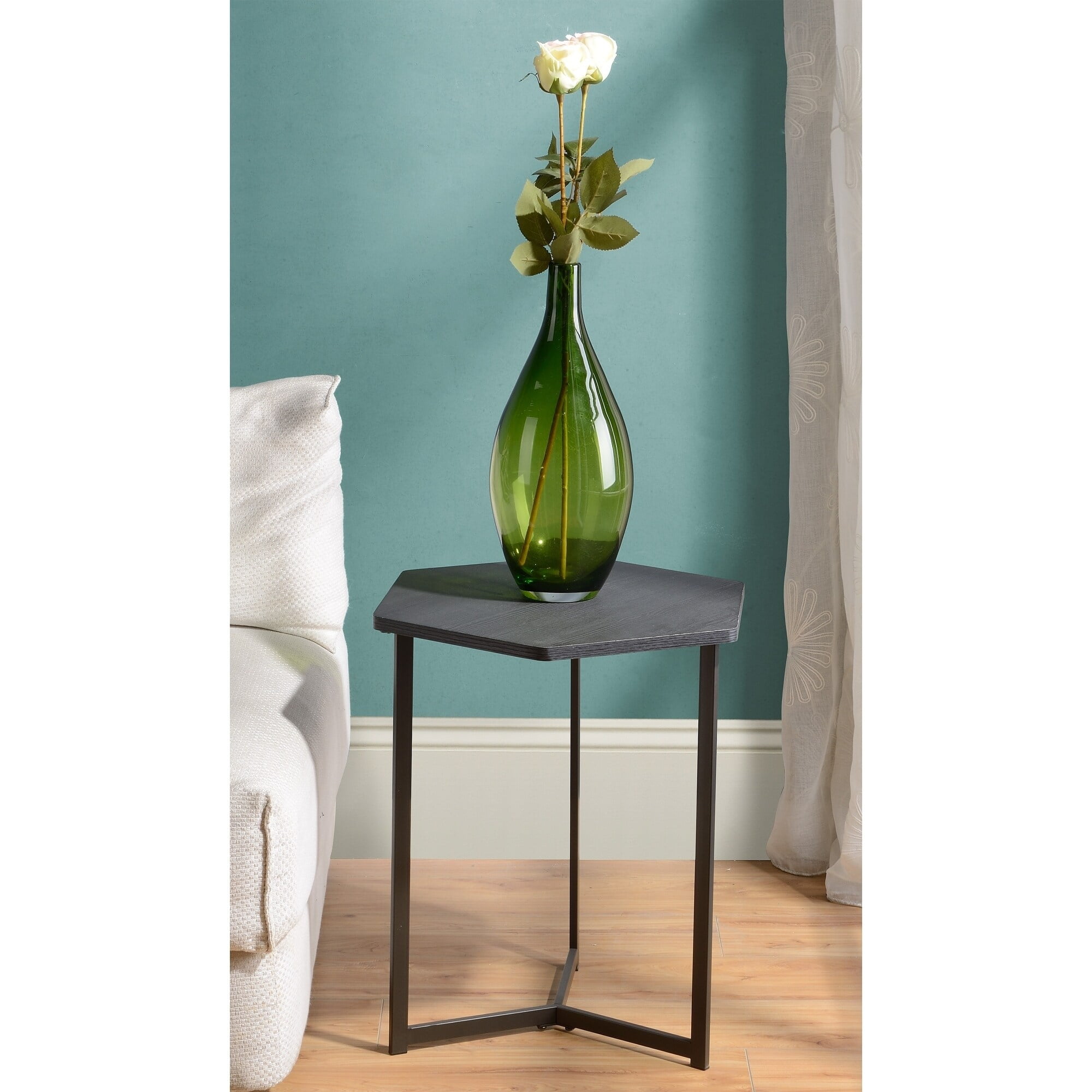 Dark Wood Hexagon Side Table with Black Metal Base