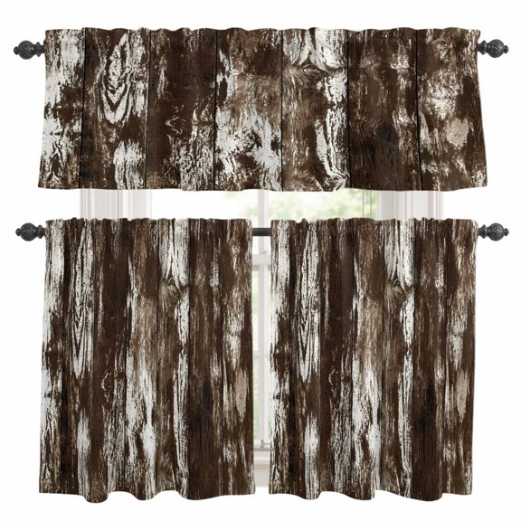 Dark Wood Planks Kitchen Curtains and Valances Set, Rustic Distressing Brown Timber Grain Vintage 3 Piece Curtains Valances and Tiers Set Rod Pocket for Kitchen Bathroom Windows 36 Inch