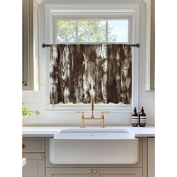 Dark Wood Planks Sheer Curtains 54 Inch Long 1 Panel Rustic Distressing Brown Timber Grain Vintage Rod Pocket Voile Curtains Light Filtering Small Window Treatments for Kitchen Basement 52" x 54"