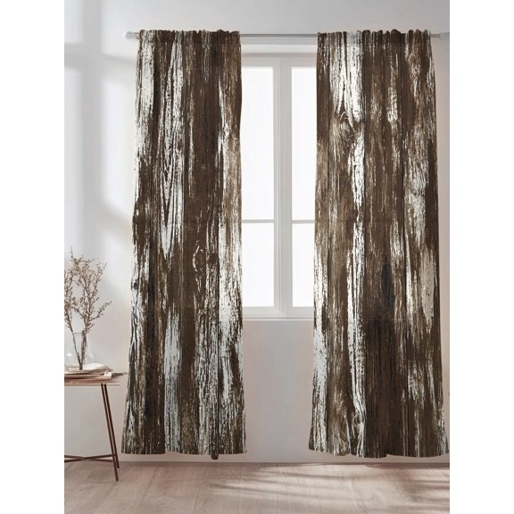 Dark Wood Planks Sheer Curtains 84 inches Long 2 Panels Set Rustic Distressing Brown Timber Grain Vintage Tiers Sheers Rod Pocket Small Window Short Curtains for Kitchen Cafe, Each 52" W x 84" L